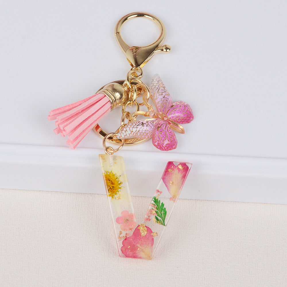 卸売ドライフラワーレター樹脂キーホルダー